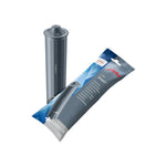 JURA CLARIS Smart+ filter cartridge (24232) shown next to the packaging, grey cartridge with lid and a blue-grey box