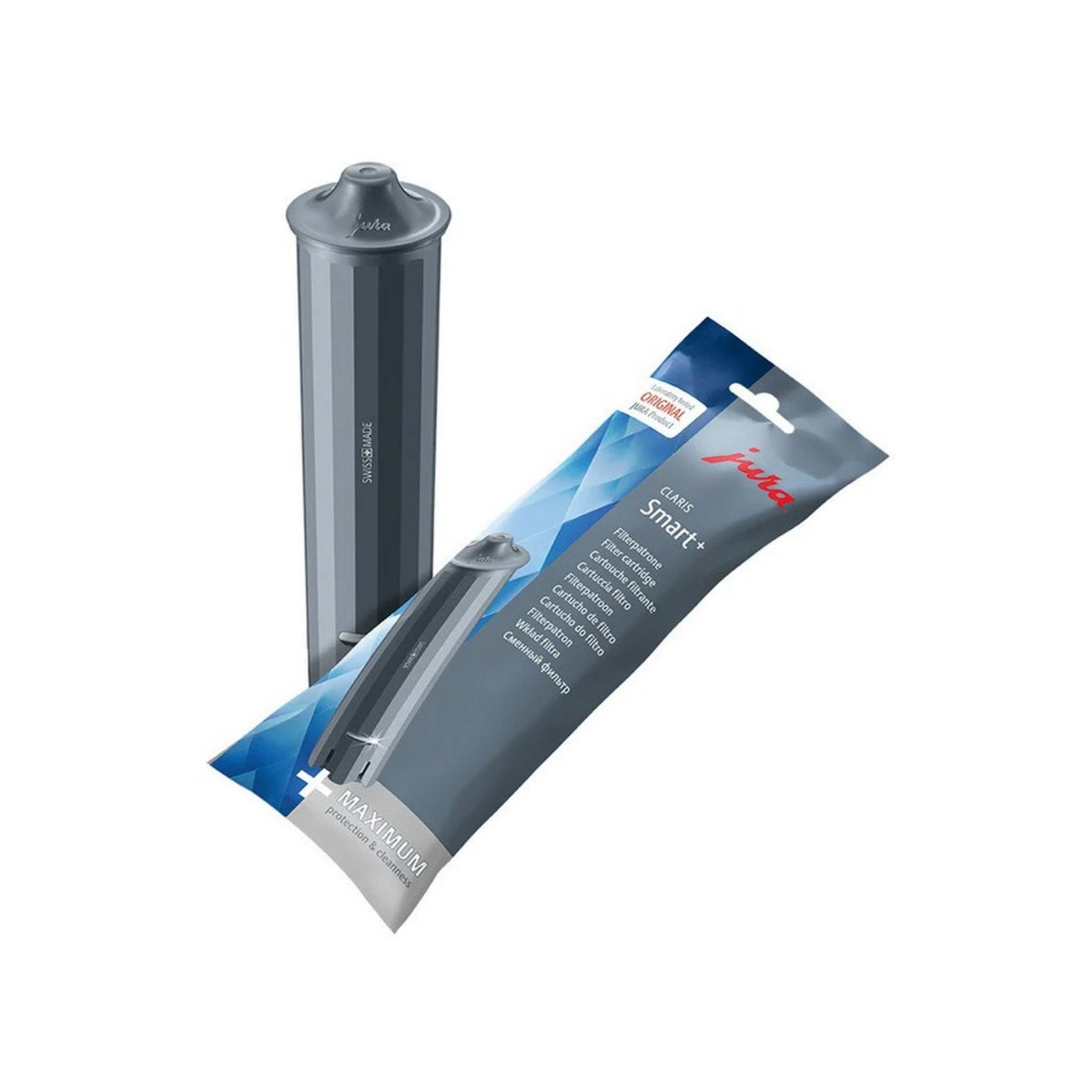 JURA CLARIS Smart+ filter cartridge (24232) shown next to the packaging, grey cartridge with lid and a blue-grey box