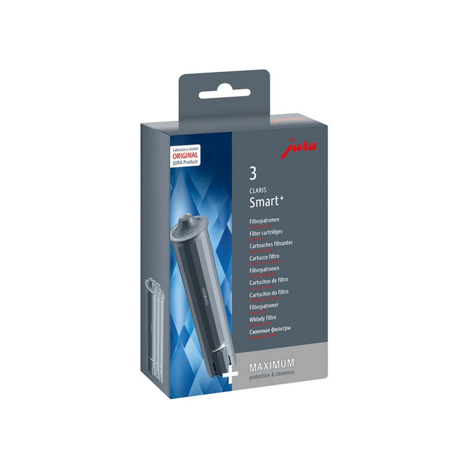 JURA CLARIS Smart+ 3 pcs filter cartridges (24233) – grey product box with image of filter cartridges and jura logo
