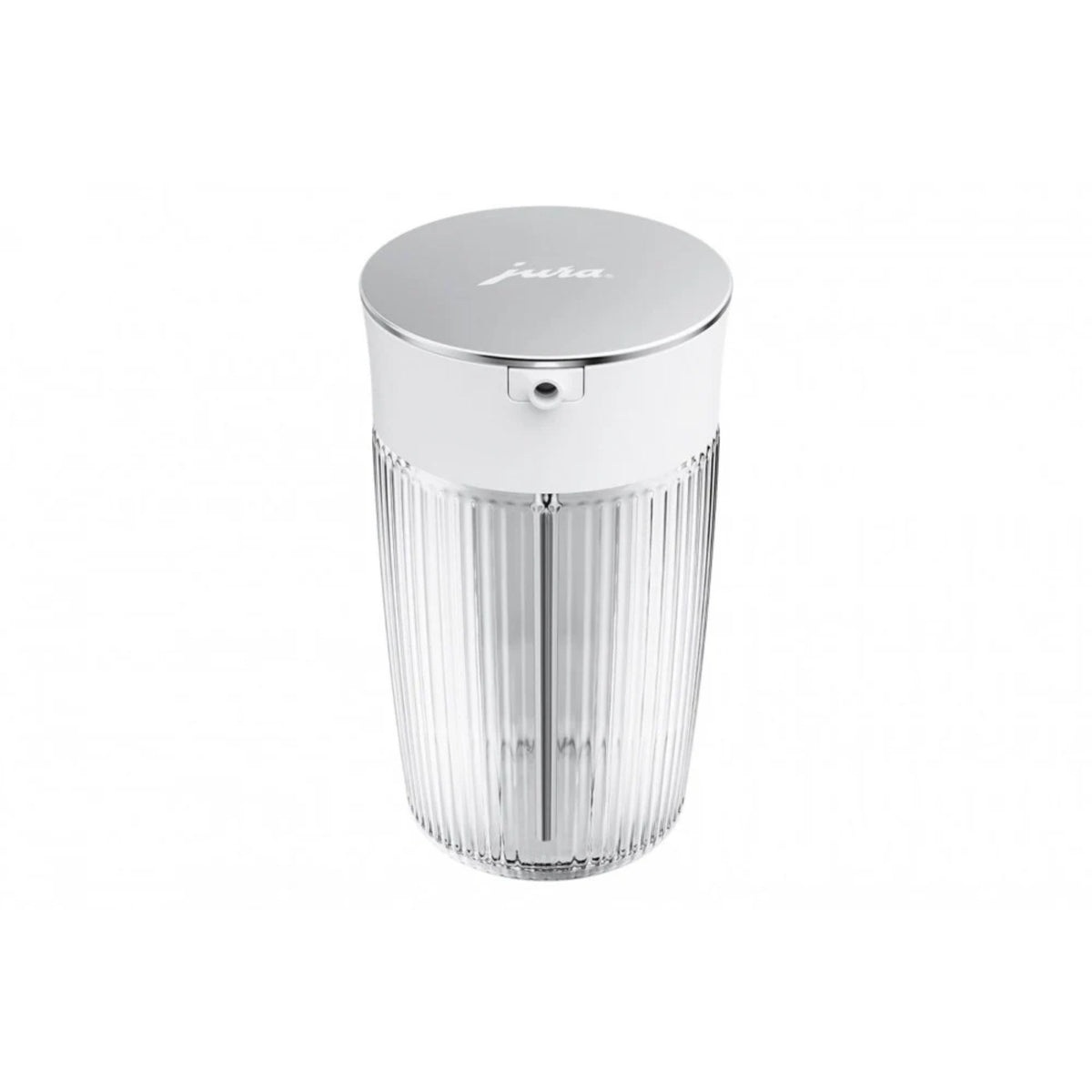 JURA Milk container EA (24313) — transparent ribbed glass container with white lid and silver Jura logo