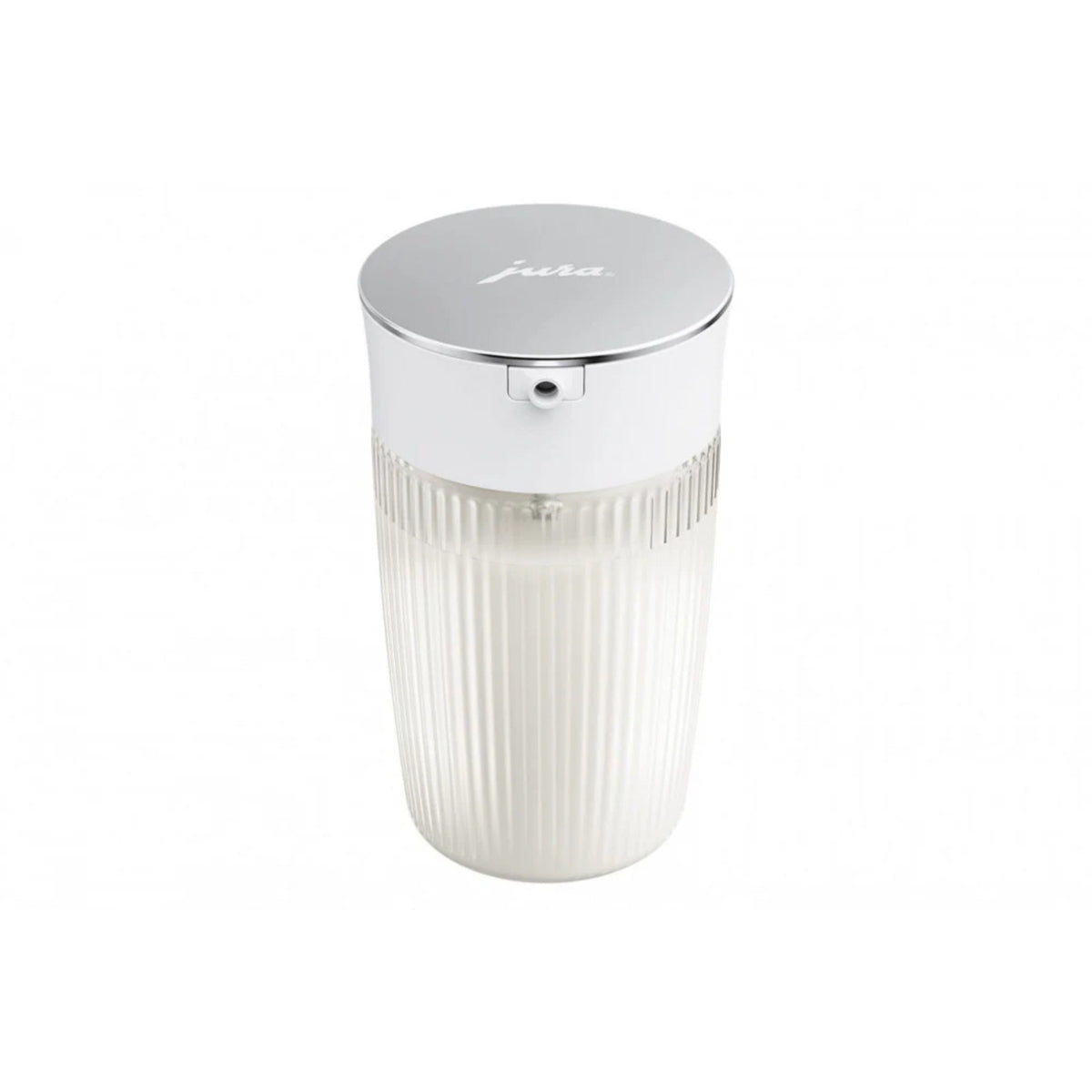 JURA Milk container EA (24313) – white ribbed plastic container with chromed lid and small milk outlet at the front