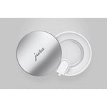 JURA Milk container EA (24313) – silver lid with 'jura' lettering and white inner container with spout, top view