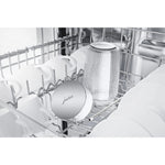 JURA Milk container EA (24313) inside a dishwasher among cups and plates, silver lid with 'jura' lettering and transparent glass