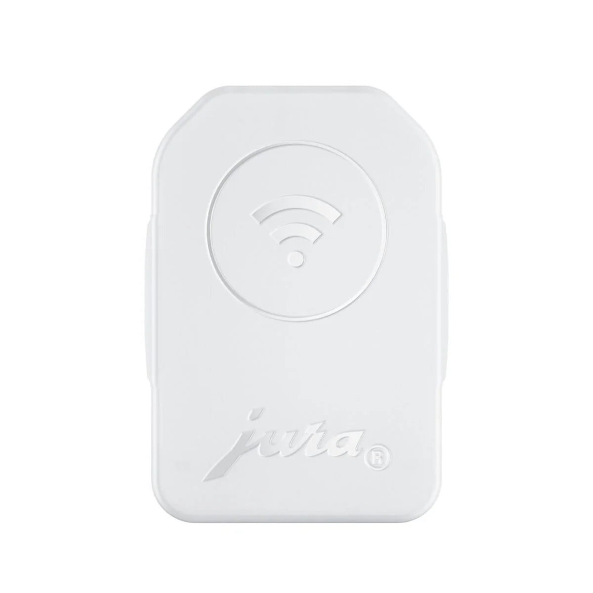 JURA WiFi Connect V2 (24323) bílý modul s vyraženým symbolem Wi‑Fi a logem JURA na hladkém plastovém povrchu