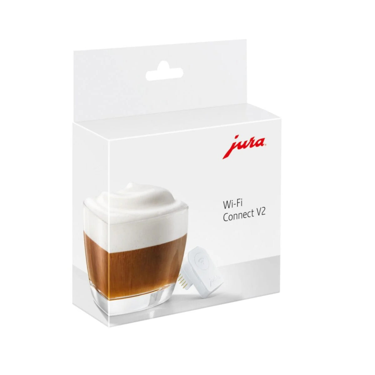 JURA WiFi Connect V2 (24323) – bílý obal s logem jura a obrázkem kávy a malého bílého Wi‑Fi adaptéru