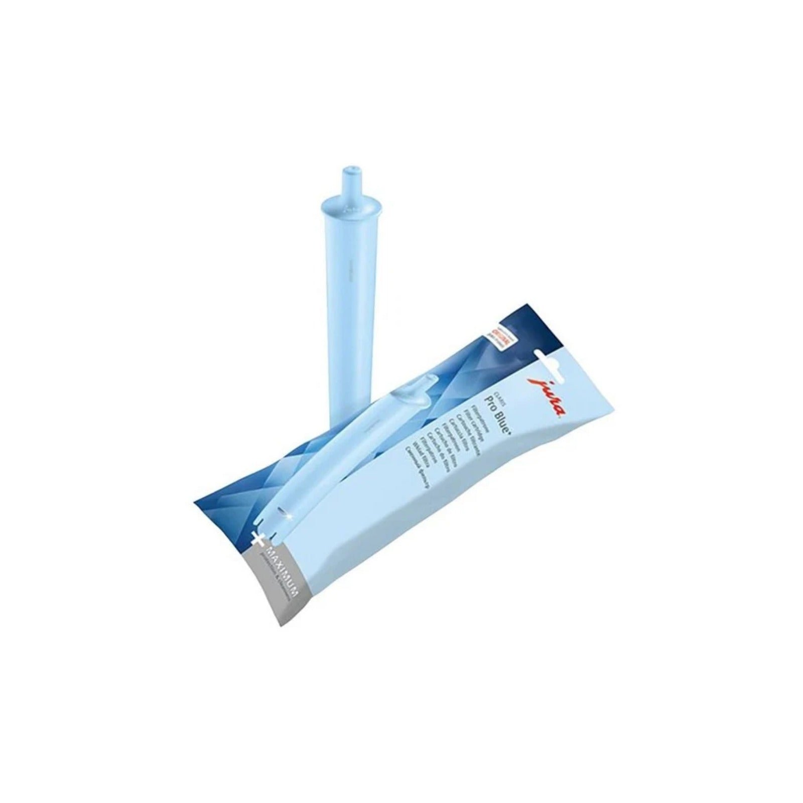 JURA CLARIS Pro Blue+ filter cartridge (25058) - light-blue filter cartridge and its packaging on a white background