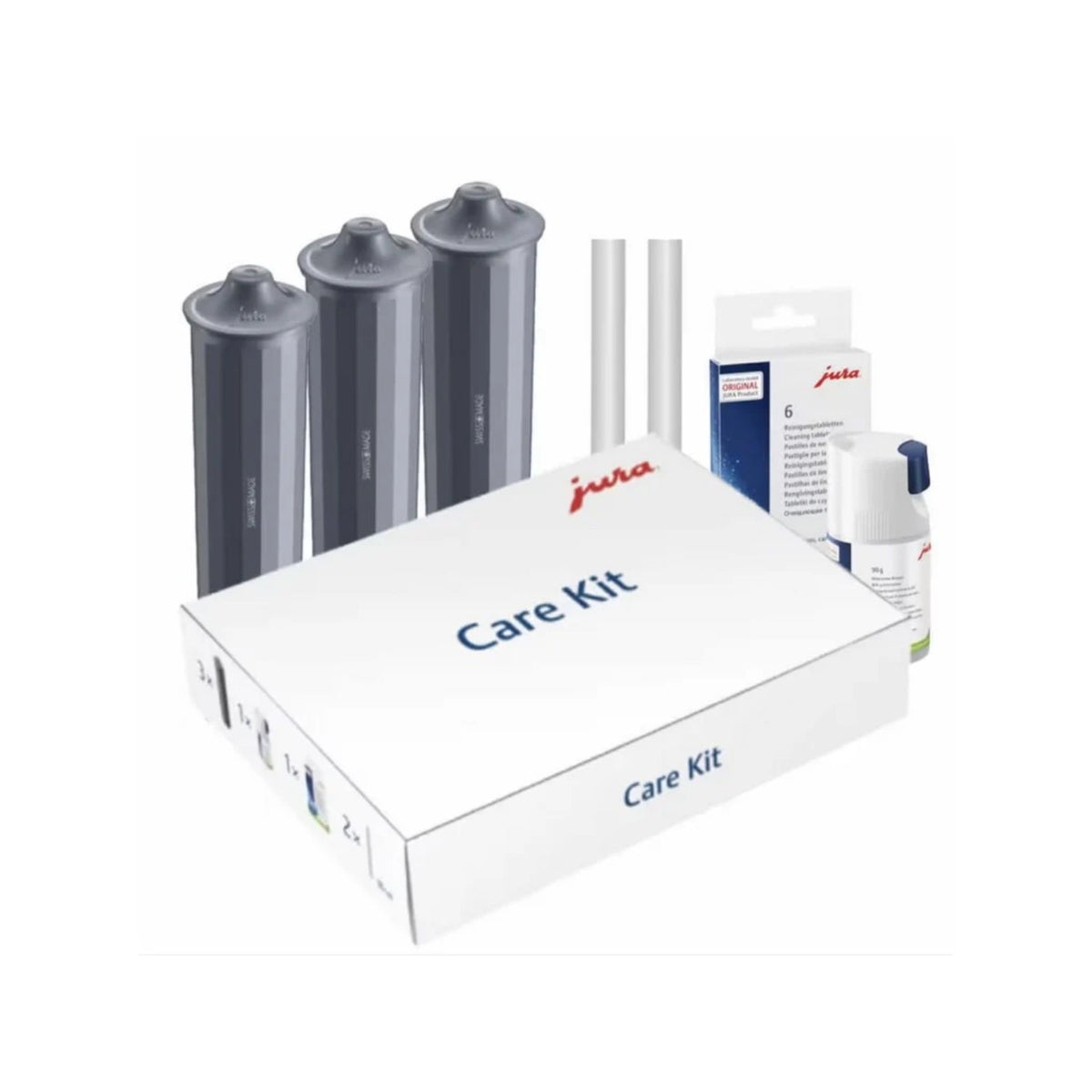 JURA Care Kit (25065) – bílá krabice Care Kit s logo Jura, tři šedé filtry a doplňky viditelné vedle krabice
