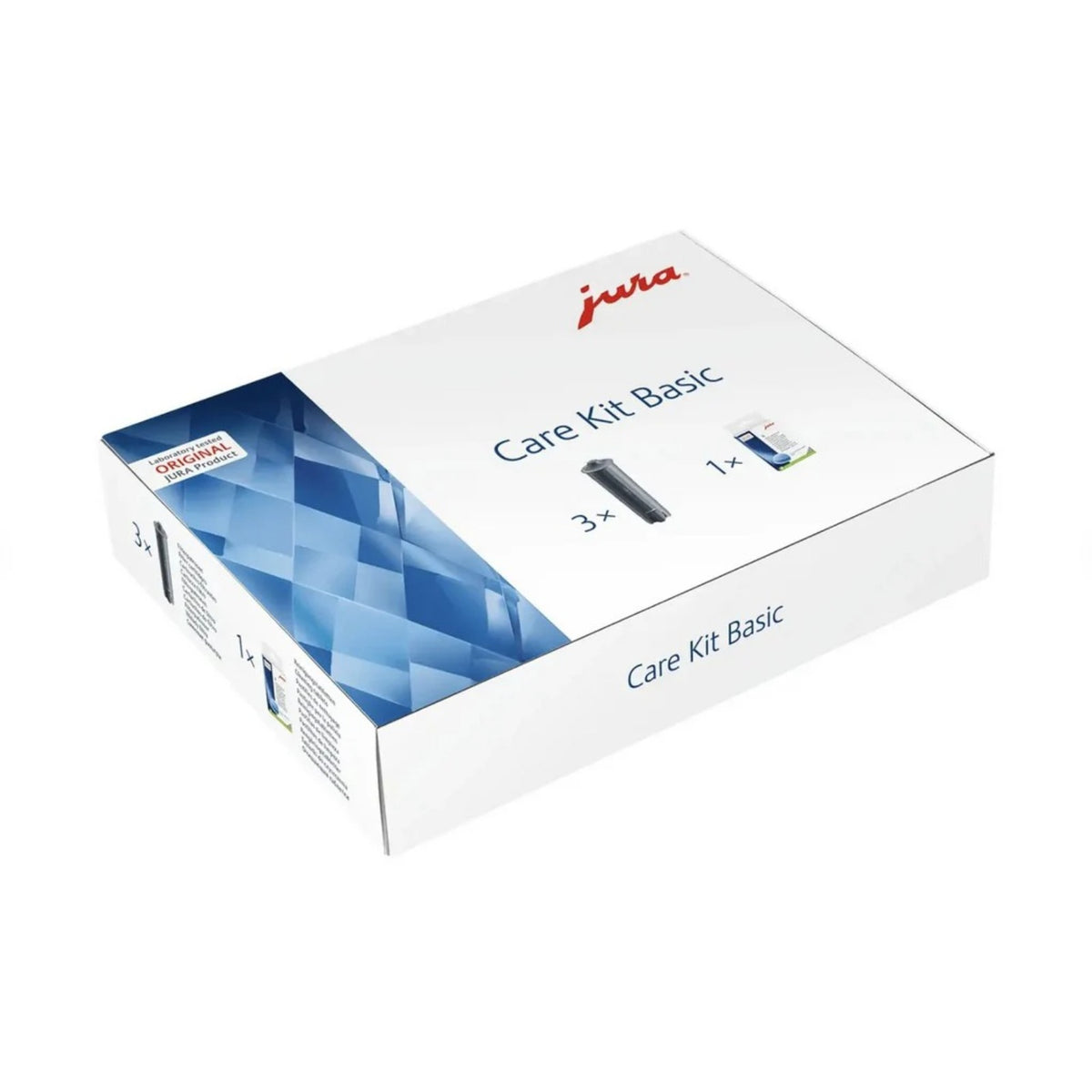JURA Care Kit Basic (25067) – bílá krabice s modrým vzorem a nápisem Care Kit Basic, zobrazení obsahu 3x filtry a 1x