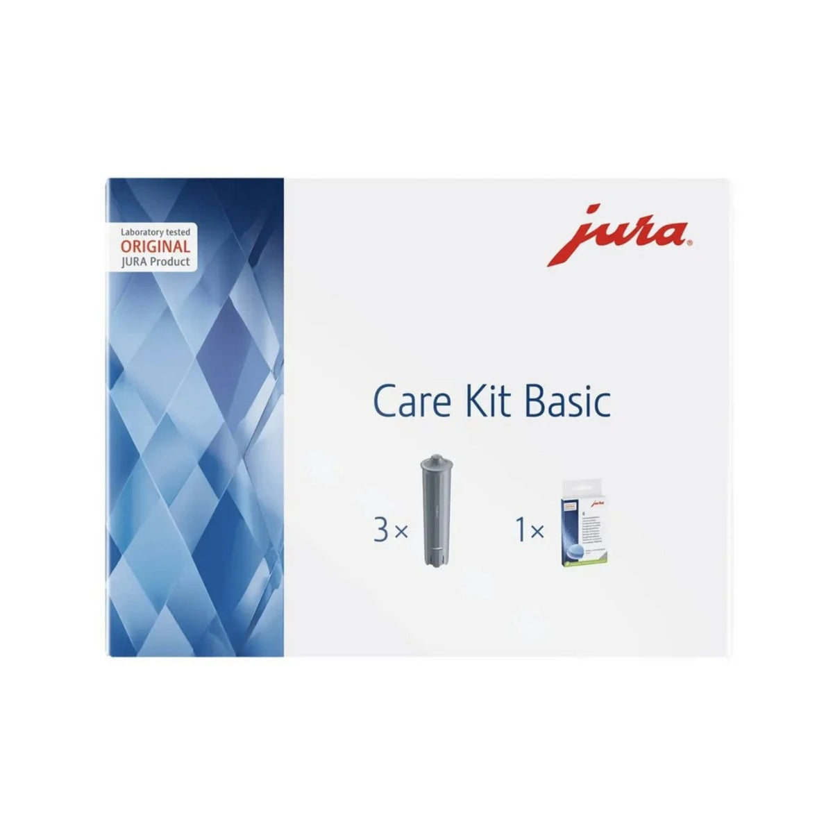 JURA Care Kit Basic (25067) – bílý obal s modrým vzorem, logo jura a zobrazení 3 filtrů a 1 balení čisticích tablet