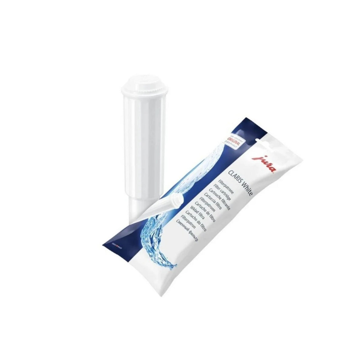 JURA Claris White filtr (60209) – bílá válcová filtrační vložka a plastové balení s modro-bílým potiskem vody
