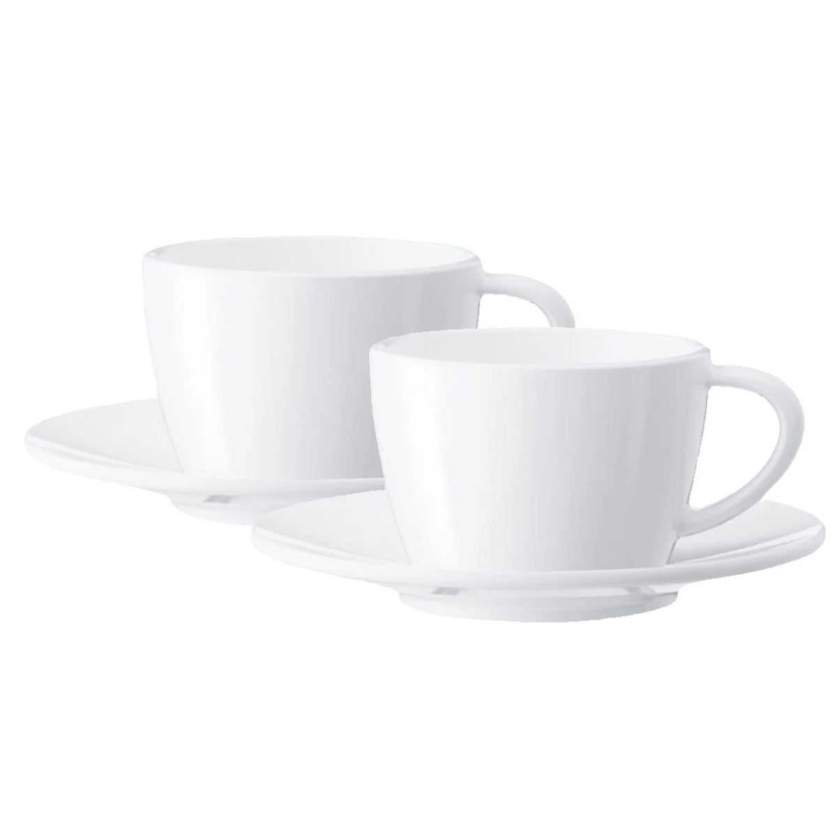 JURA Sada cappuccino šálků 2ks (66501) – dva bílé porcelánové šálky s uchem na podšálcích zepředu
