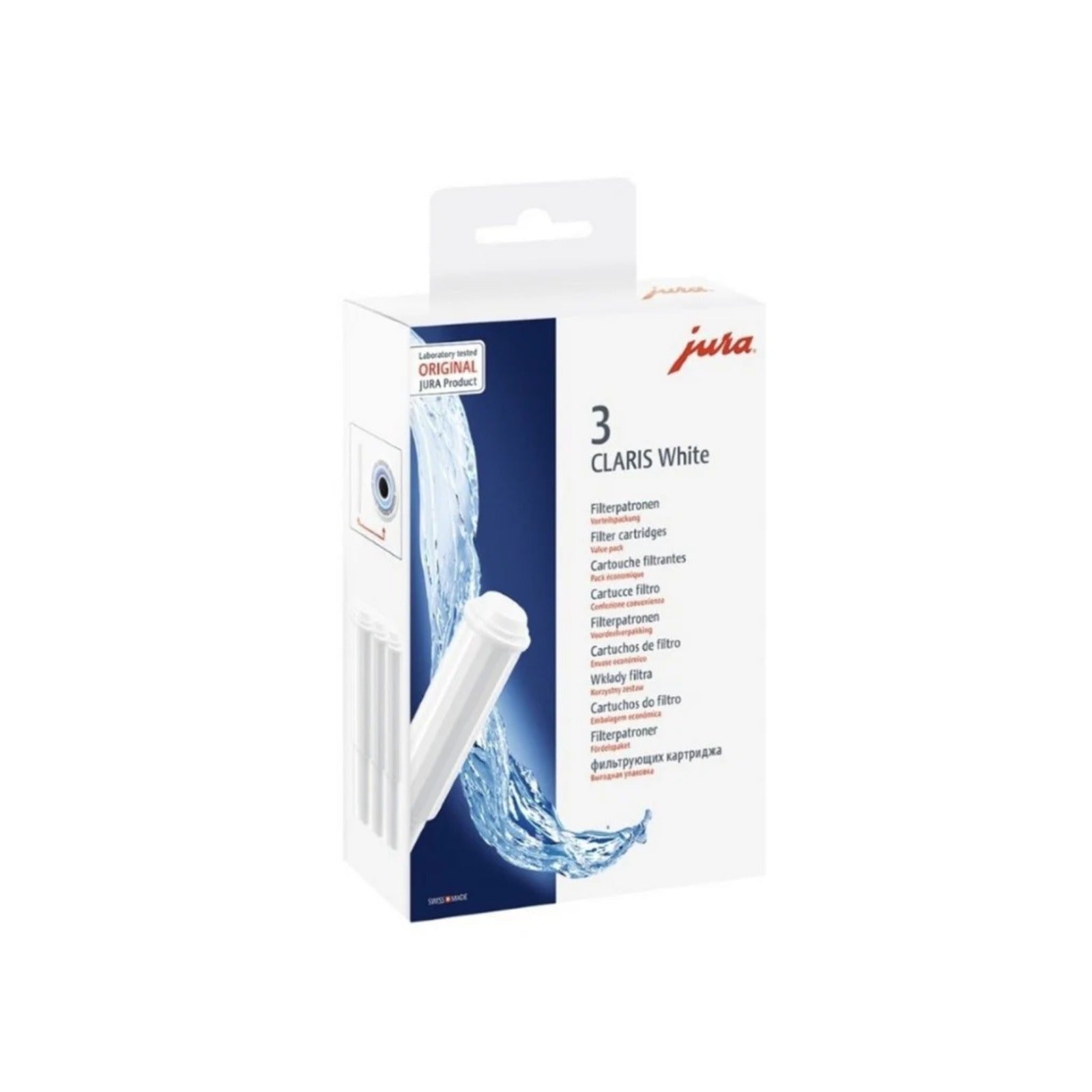 JURA CLARIS WHITE filter cartridge 3 pcs (68739) – box with three white filters and a water motif on the packaging