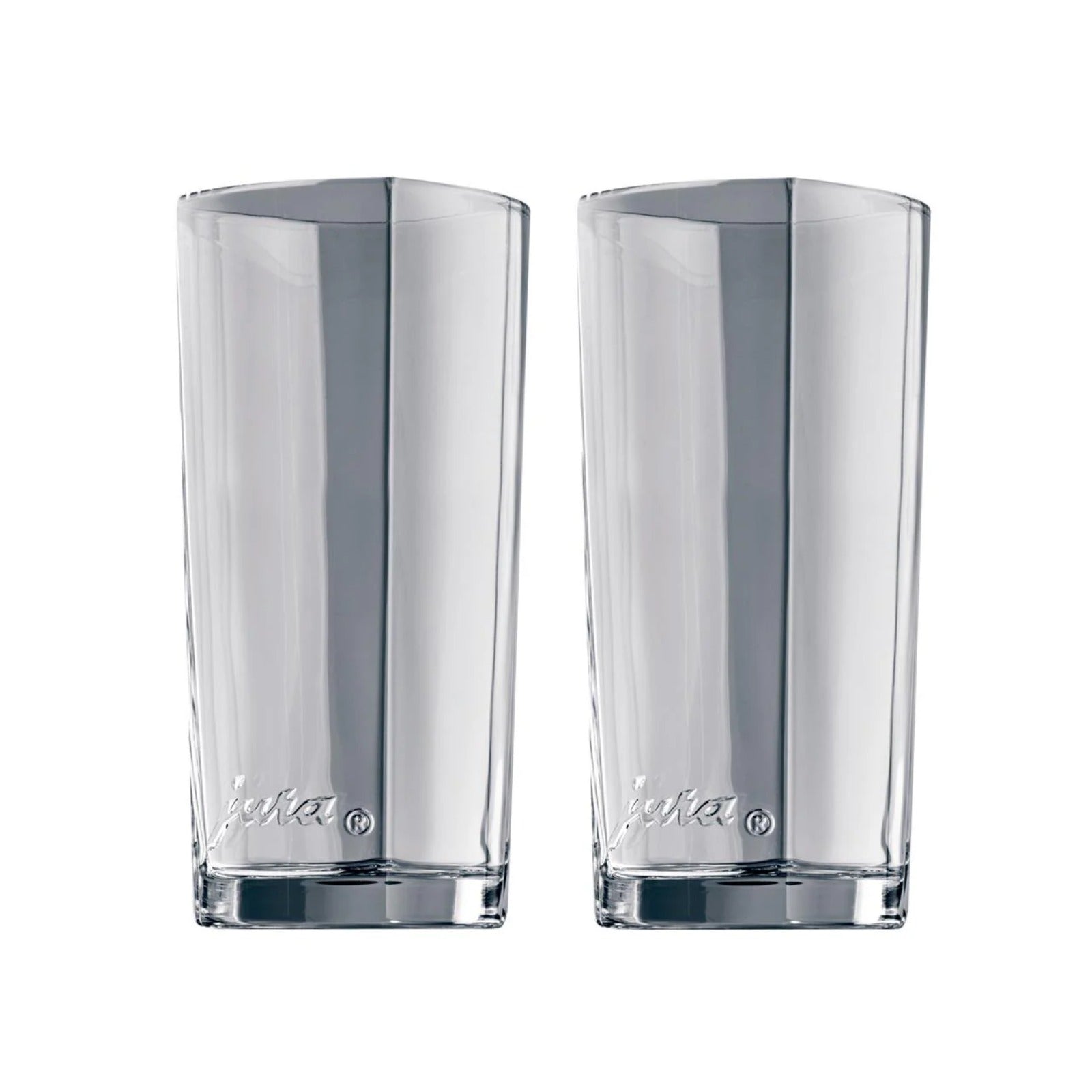 JURA Latte macchiato glass, large 2 pcs (69001) – two tall clear glasses with the Jura mark at the bottom