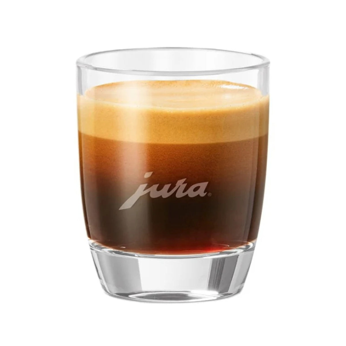 JURA Sada sklenic na espresso 2ks (71451) — čiré sklenice s espressem a jemnou pěnou, na skle logo jura