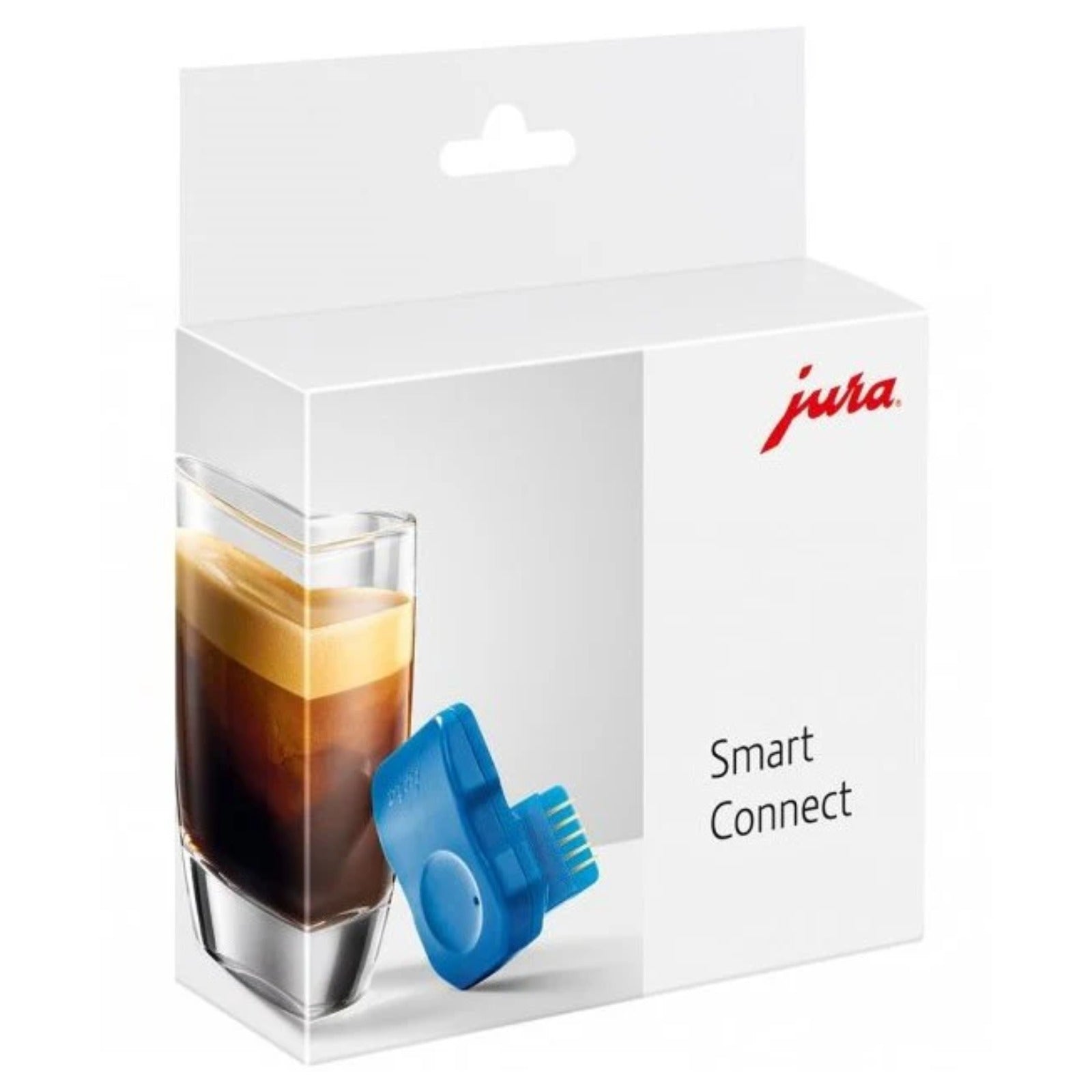 JURA Smart Connect modul (72167) – bílá krabička s logem Jura, obrázkem sklenice kávy a modrým modulem Smart Connect