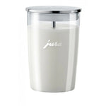 JURA Glass milk container (72570) – white glass cylindrical container with chrome lid and the word jura