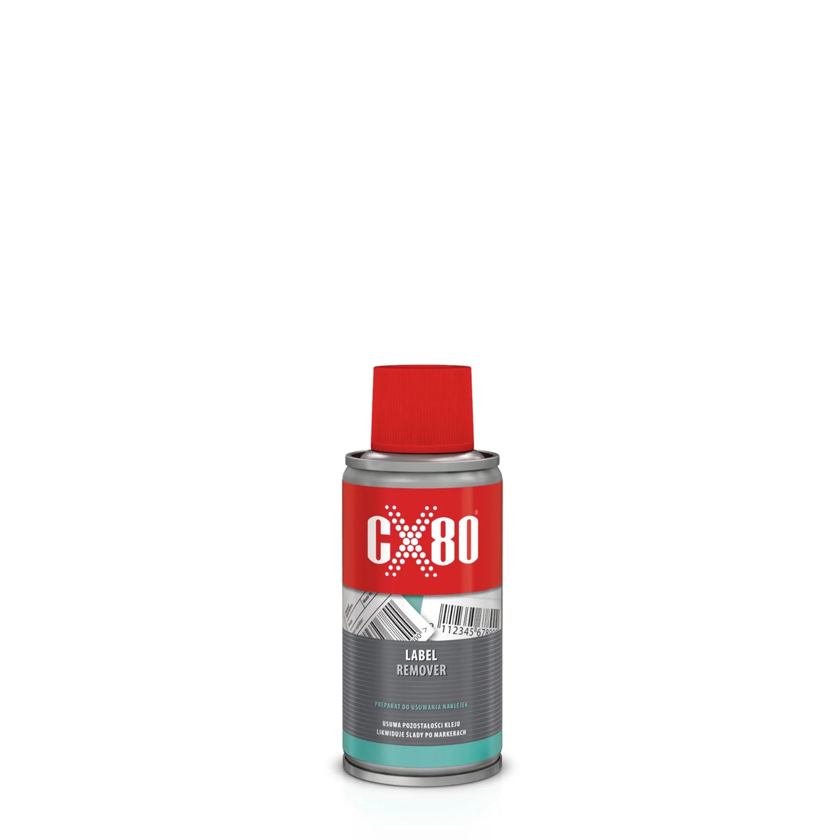 red container CX-80 label remover with red cap and inscription LABEL REMOVER on a silver-turquoise package