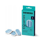 Siemens EQ series descaling tablets 3 pcs in a turquoise pack beside three blue-and-white tablets