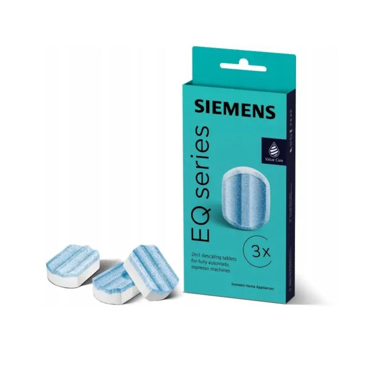 Siemens EQ series descaling tablets 3 pcs in a turquoise pack beside three blue-and-white tablets