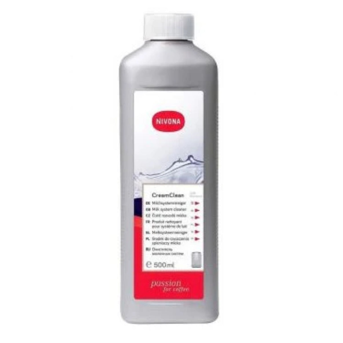 Nivona Odstraňovač zbytků mléka CreamCleaner 0,5 l (NICC705) šedá plastová láhev s bílým uzávěrem a štítkem