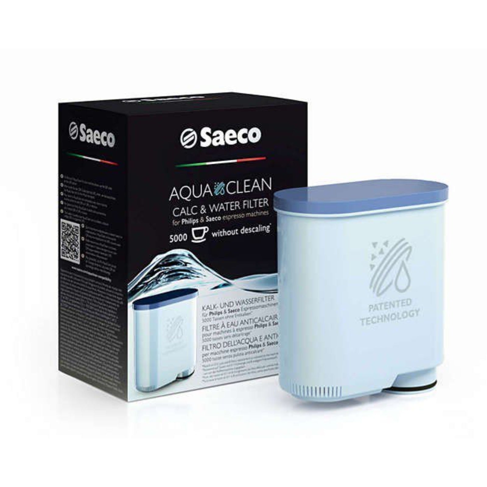 Saeco AquaClean water filter brown-white (CA6903/00) showing packaging and light blue filter with dark blue cap