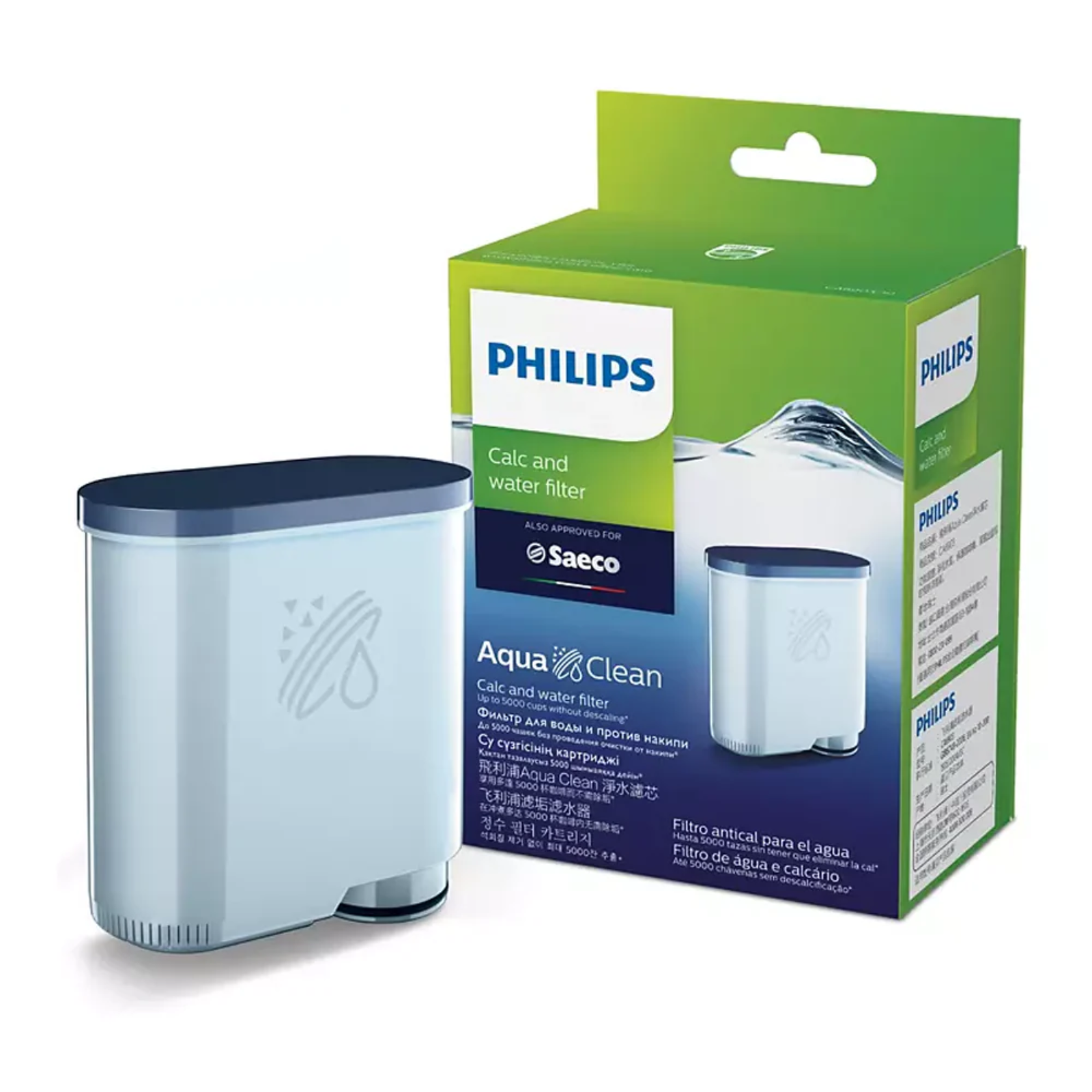 Saeco/Philips AquaClean water filter green-blue (CA6903/10) – box and light filter with dark blue cap shown from front