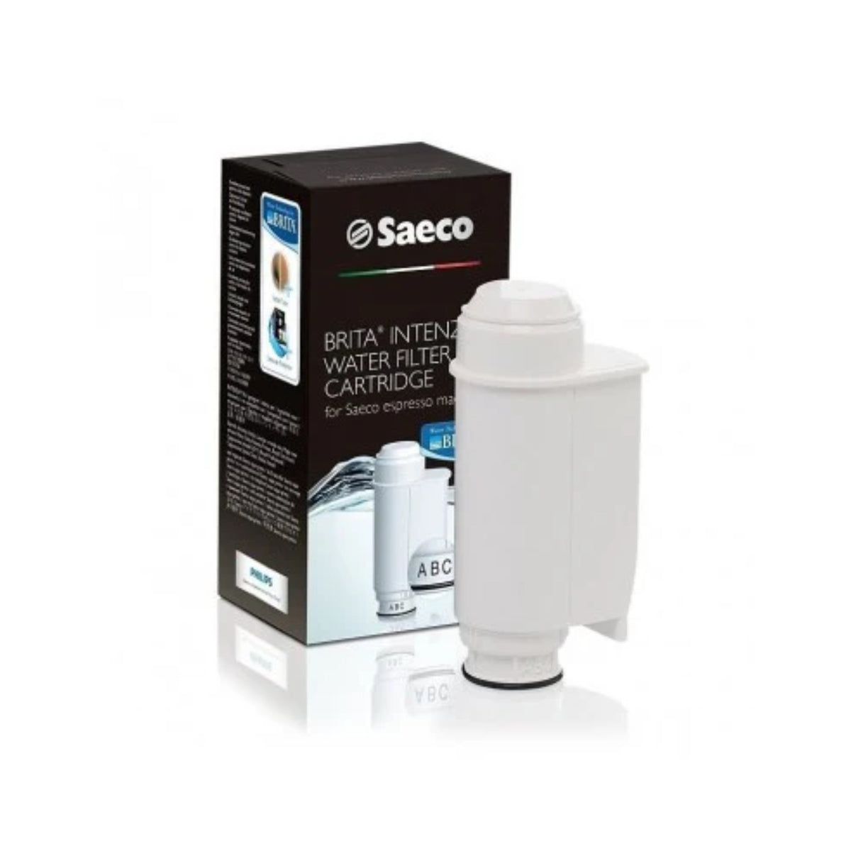Saeco Brita Intenza+ vodní filtr hnědo-bílý (CA6702/00) zobrazující bílý filtrační vložku před černým obdélným obalem s