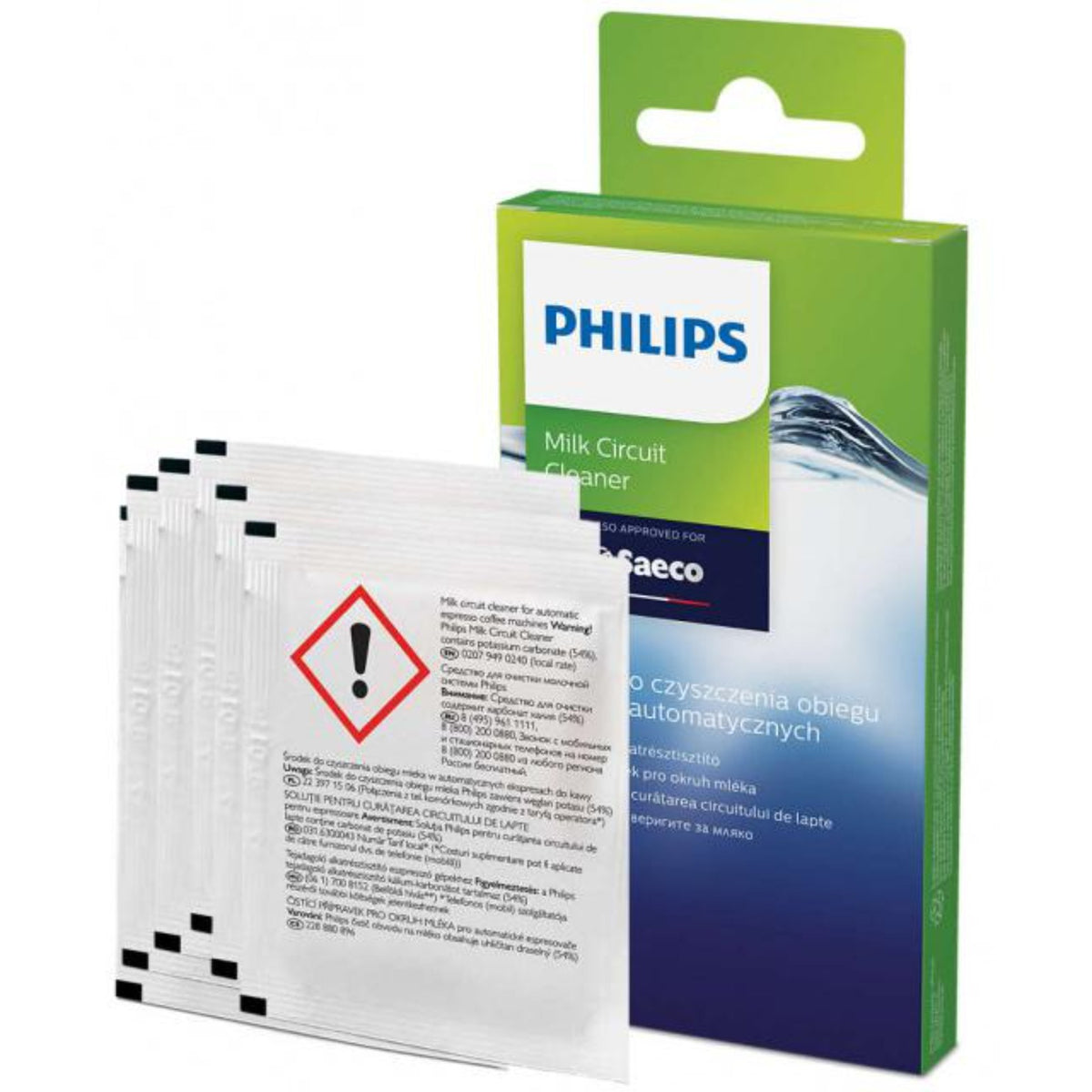 Saeco/Philips Čistič pro mléčný systém (CA6705/10) – zeleno-modré balení a několik bílých jednotlivě zabalených sáčků s