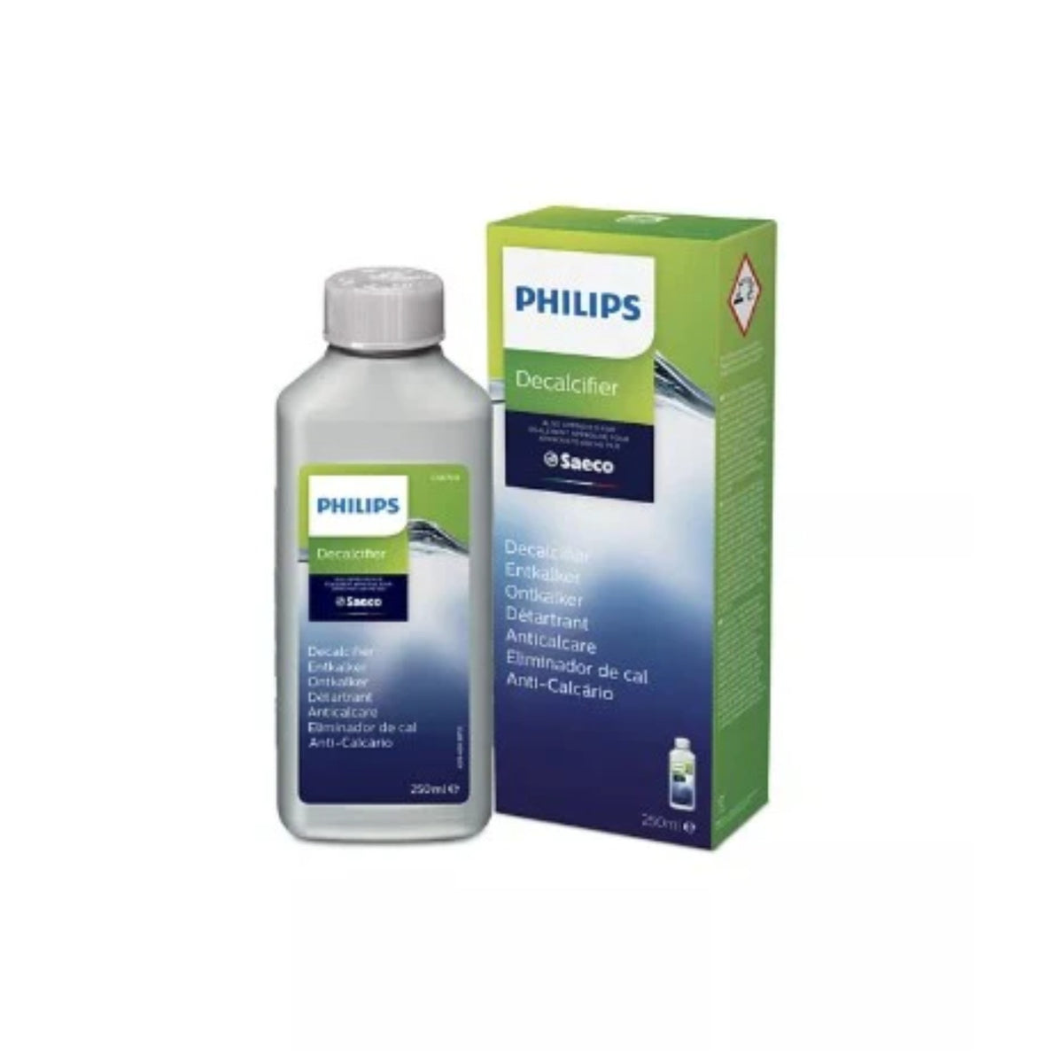 Saeco/Philips Descaler 1×250 ml (CA6700/10) – bottle with liquid and green‑blue product packaging front view