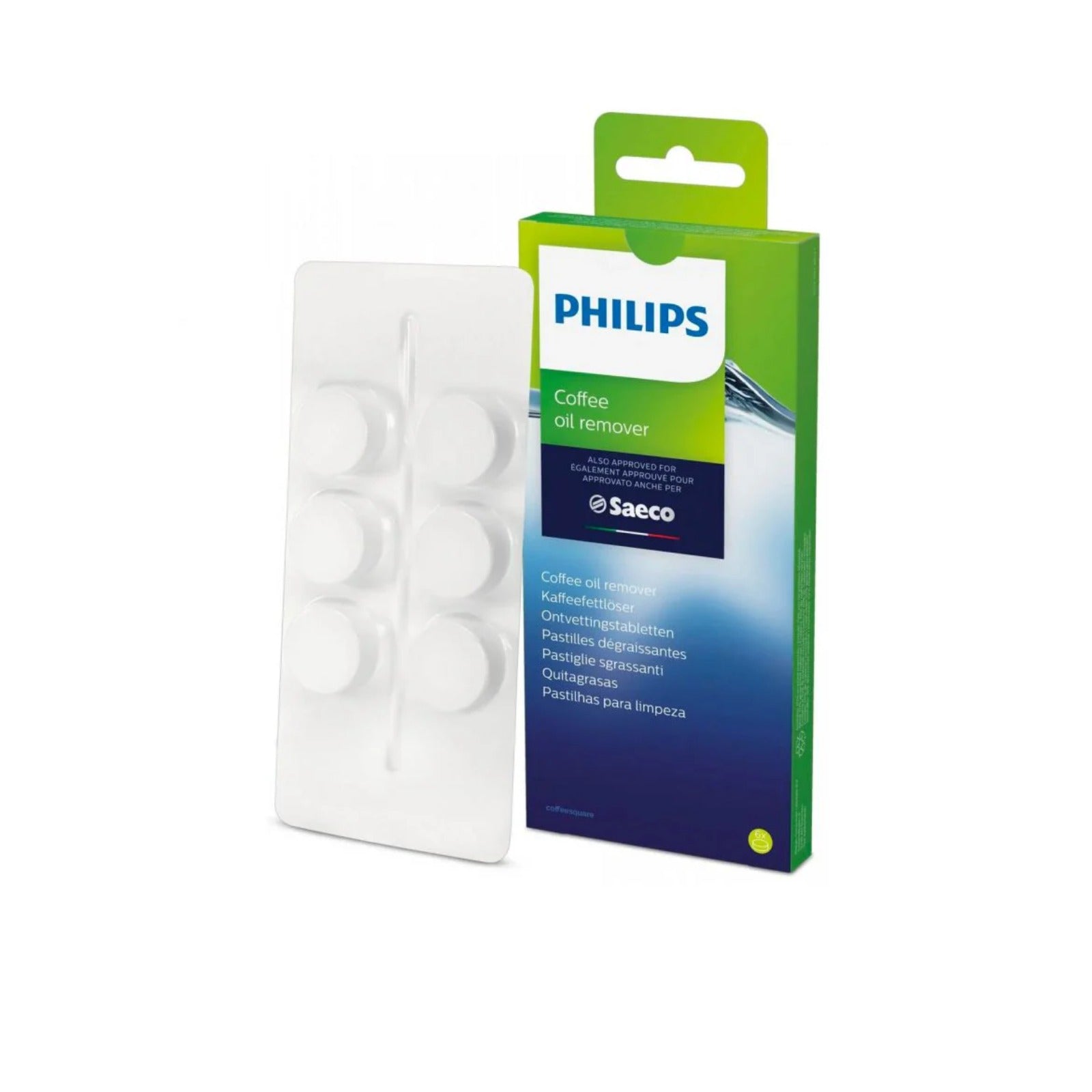 Philips Coffee Clean cleaning tablets 6 pcs (CA6704/10) – green-blue packaging and blister with 6 white tablets