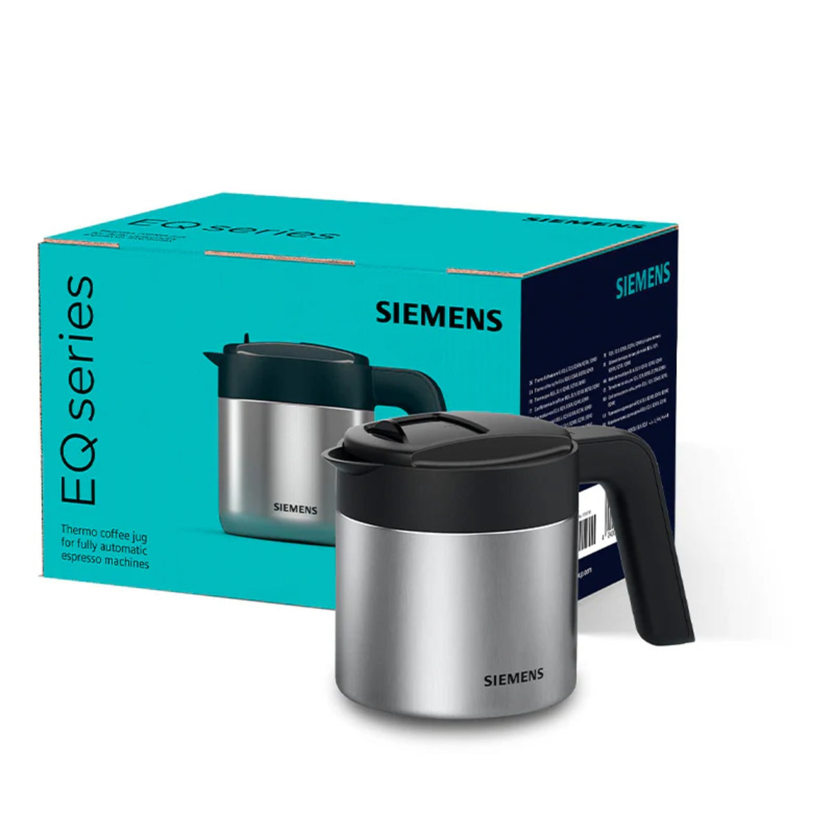 Siemens Termo konvice pro kávovary (TZ40001) – nerezová termoska s černým víkem a rukojetí před tyrkysovo–modrým obalem