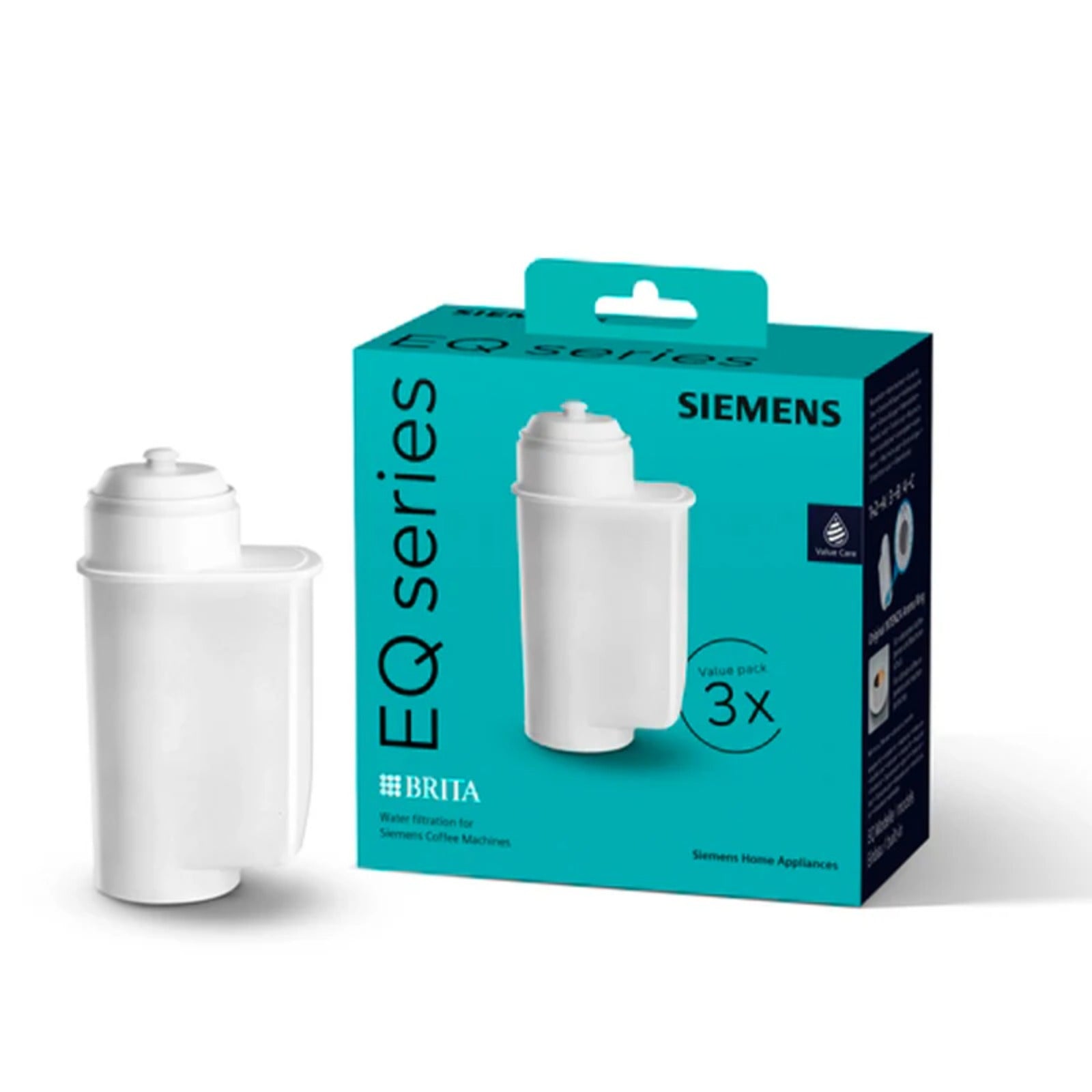 Siemens Brita Intenza water filter 3 pcs (TZ70033A) – cream-white filter next to turquoise packaging showing the filter