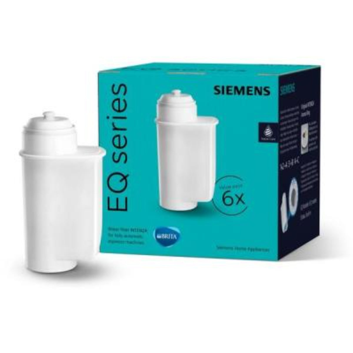 Siemens Brita Intenza vodní filtr 6 ks (TZ70063A) – balení modrozelené s obrázkem bílého filtru a jedním fyzickým bílým