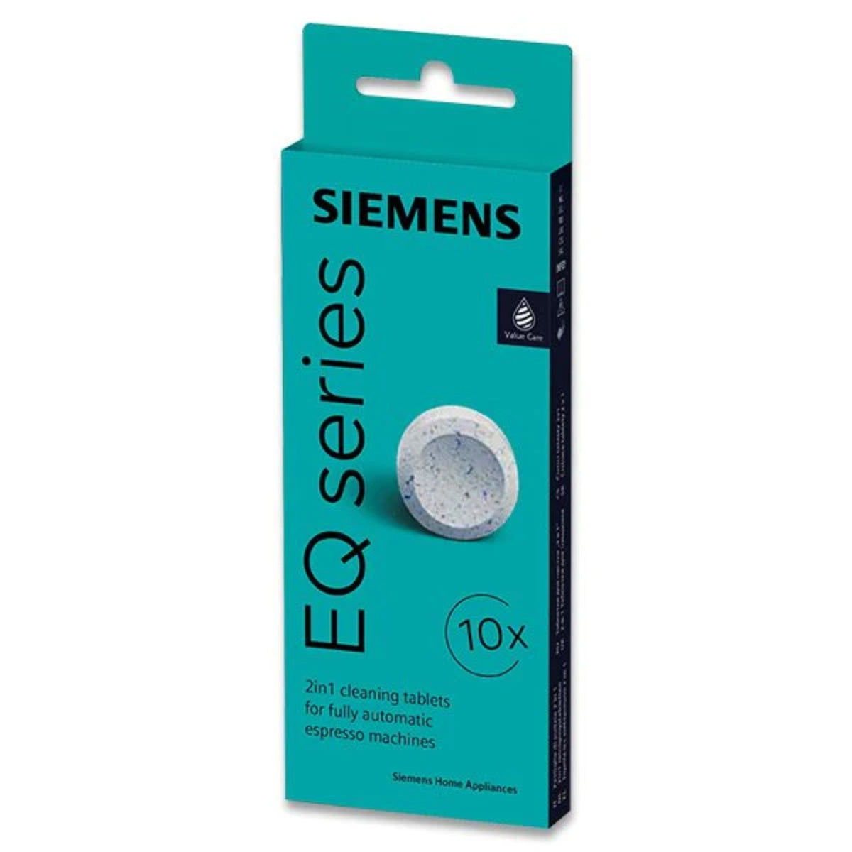 Siemens 2-fázové čistící tablety 10 ks (TZ80001A) – úzké tyrkysové balení s názvem Siemens a obrázkem tablety a označením 10x