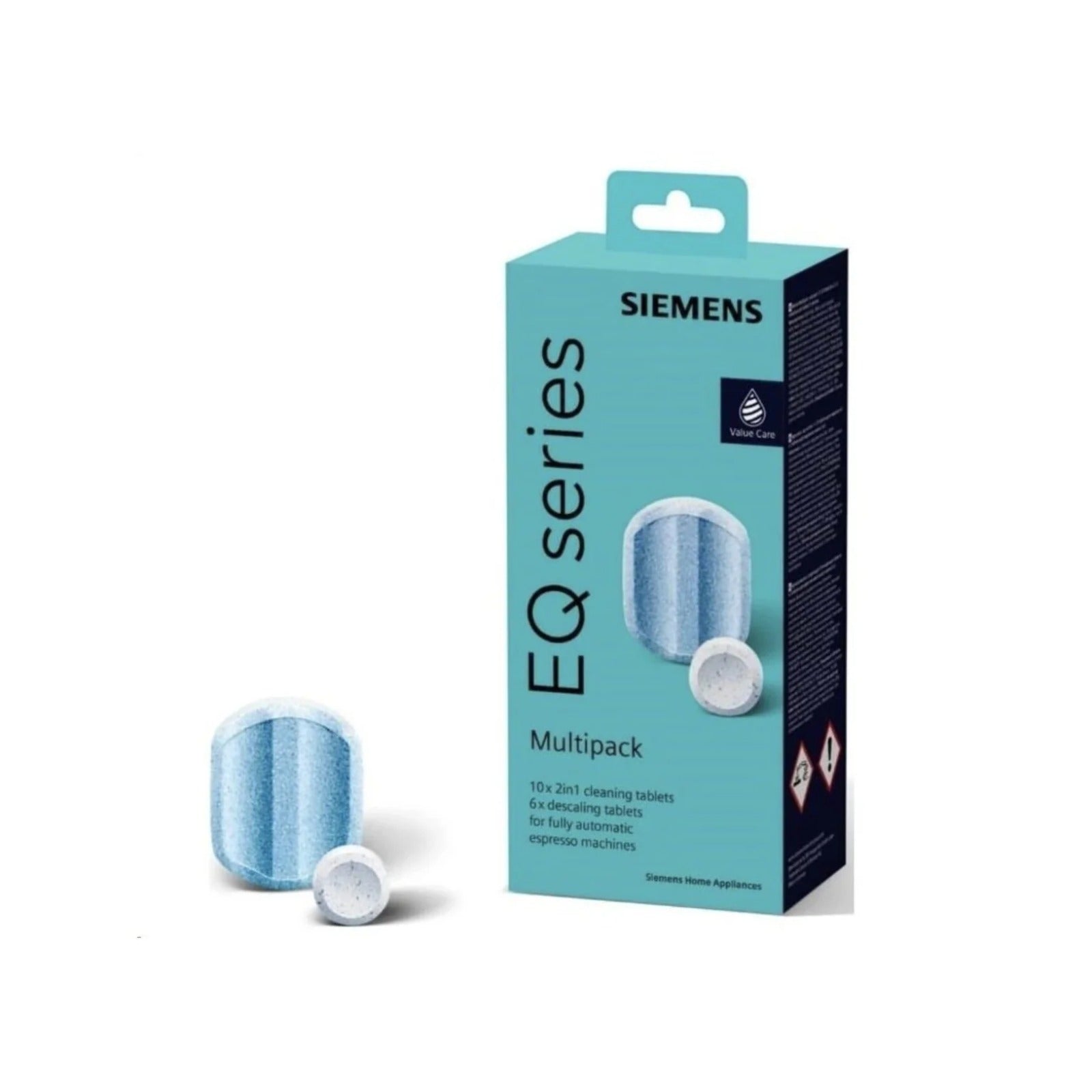 Siemens Multipack odvápnění/čištění (TZ80003A) – tyrkysová krabička a dvě tablety zobrazující balení a obsah.