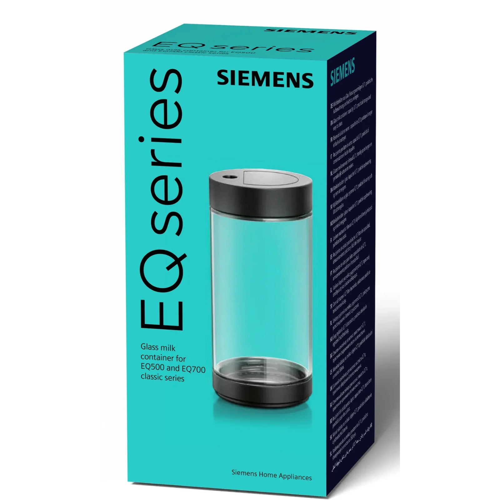 Siemens Glass milk container 0.7 l (TZ80008) – packaging with image of a transparent glass container with black lid on turquoise background.