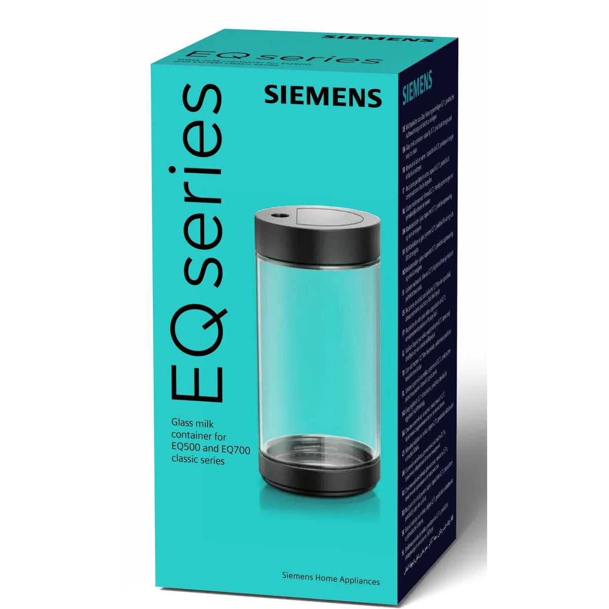 Siemens Skleněná nádoba na mléko 0,7 l (TZ80008) – balení s obrázkem průhledné skleněné nádoby s černým víčkem na tyrkysovém