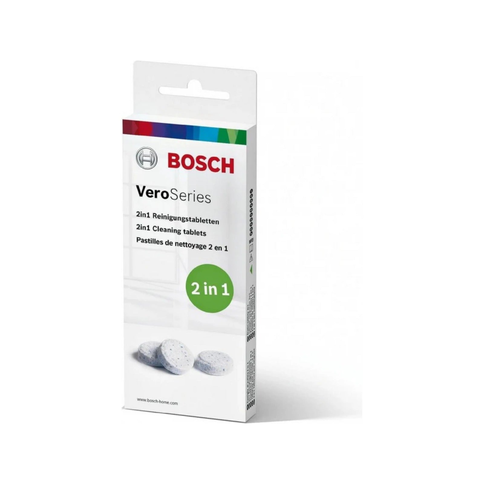 Bosch 2-phase cleaning tablets 10 pcs (TCZ8001A) – VeroSeries packaging shown with Bosch logo and three grey tablets on a white