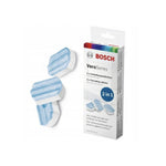 Bosch 2-in-1 descaling tablets 3 pcs (TCZ8002A) – VeroSeries packaging and several white-blue tablets on a white background