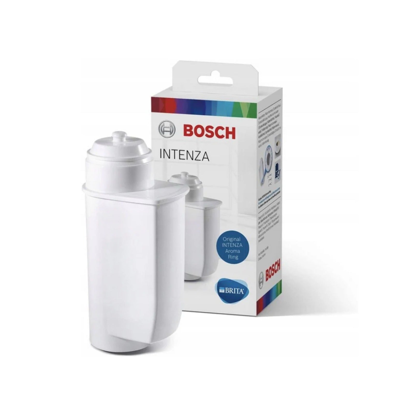 Bosch Brita Intenza water filter (TCZ7003) – white filter in front of product box printed BOSCH INTENZA with Brita logo