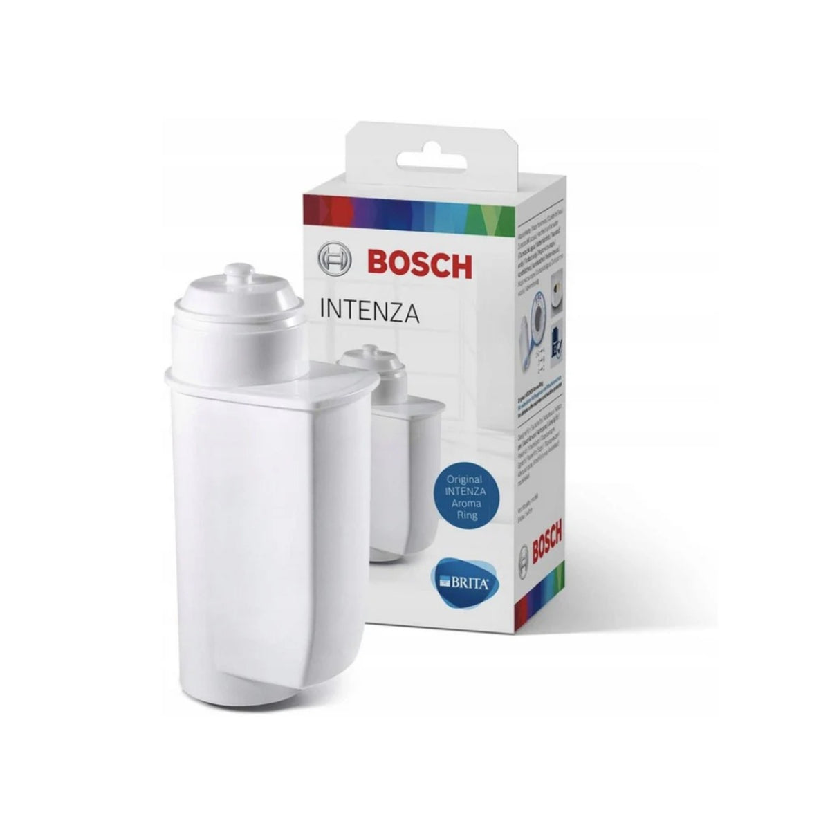 Bosch Brita Intenza water filter (TCZ7003) – white filter in front of product box printed BOSCH INTENZA with Brita logo