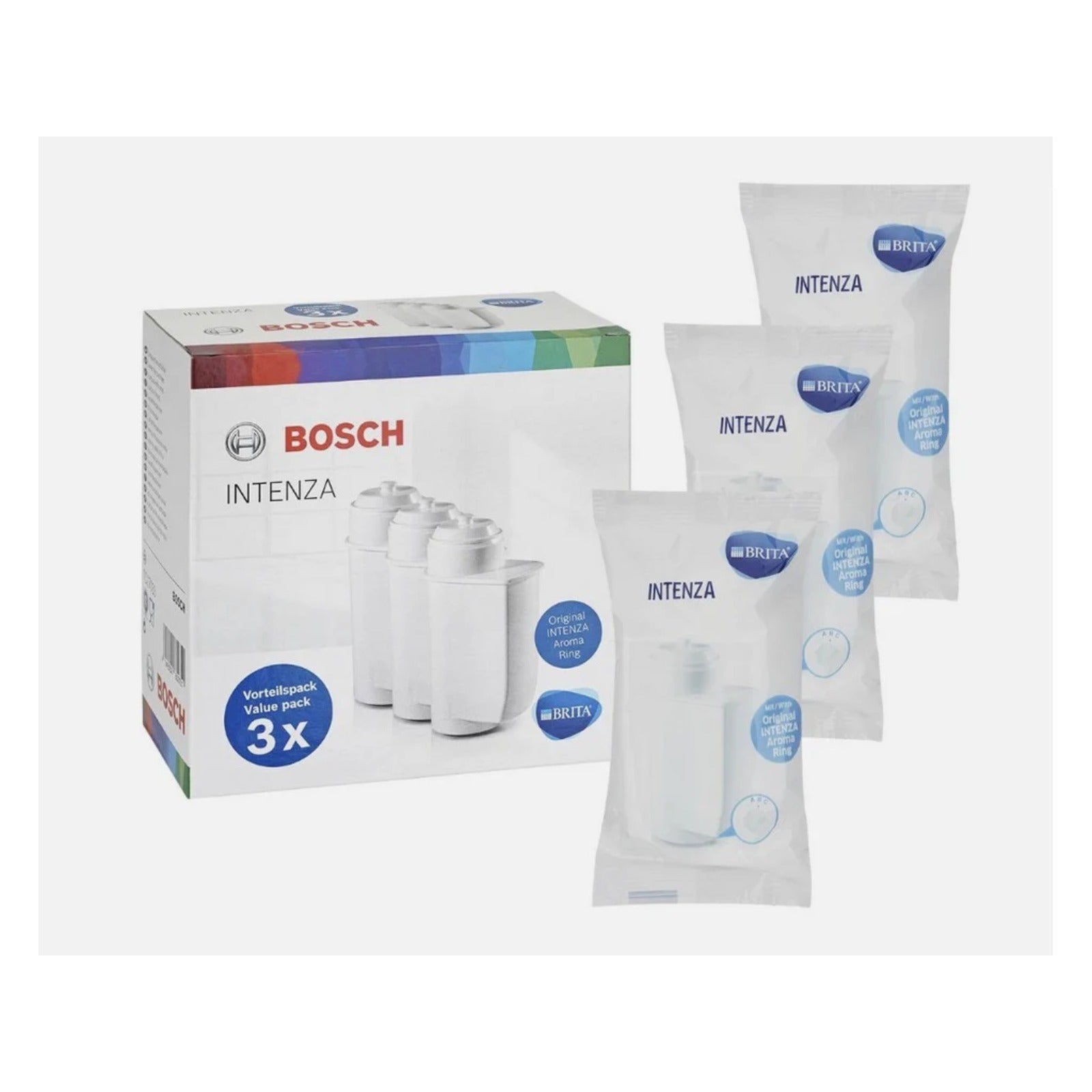 Bosch Brita Intenza water filter 3 pcs (TCZ7033) – box with three white filters and individually wrapped filters in plastic