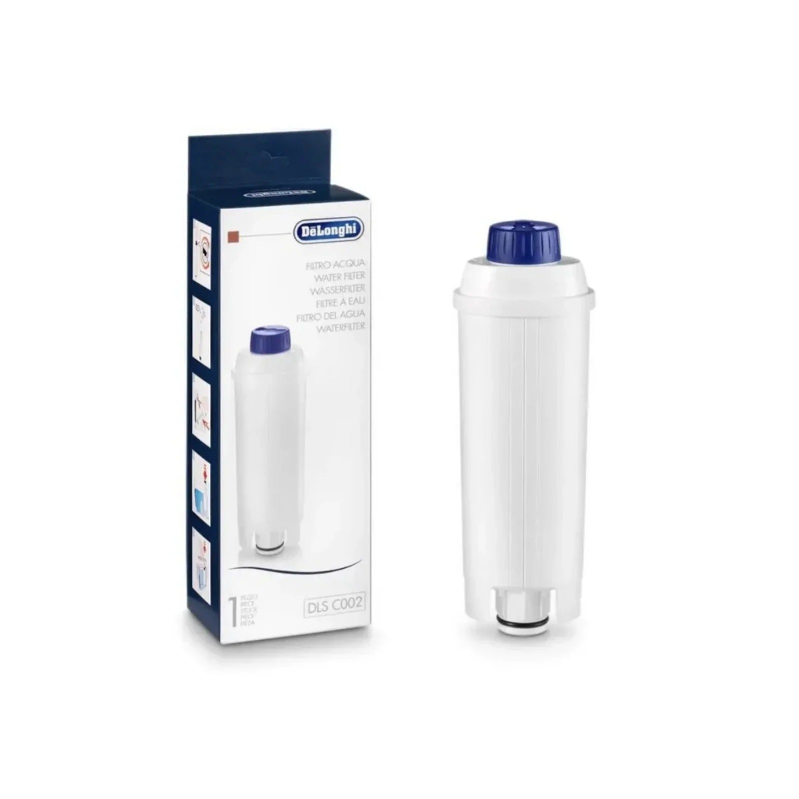 DeLonghi water filter (DLSC002) shown next to its box, white cylindrical filter with blue top cap