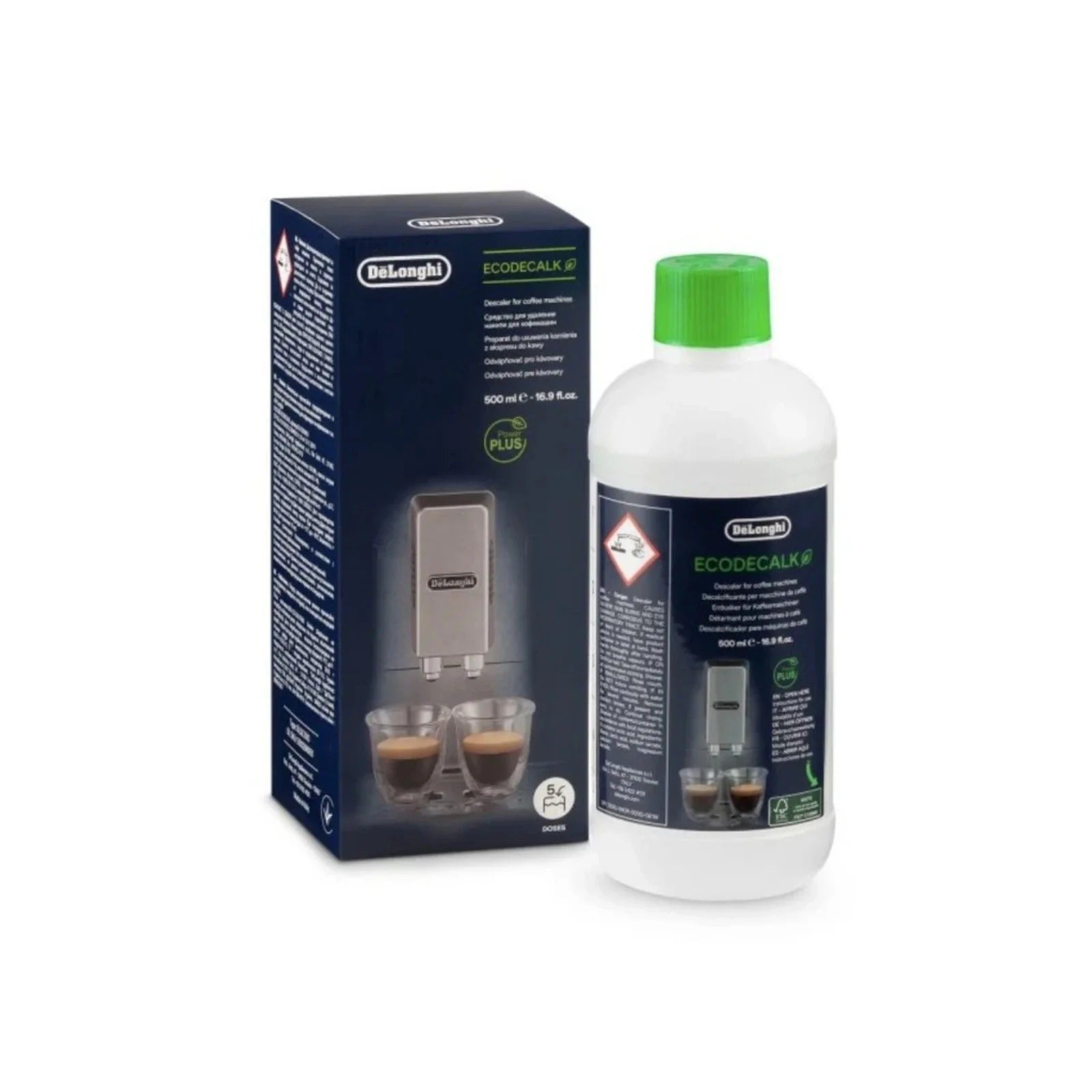 DeLonghi EcoDecalk 500 ml (DLSC500) – bílá lahev s zeleným uzávěrem vedle tmavé krabice s etiketou a obrázkem espressa