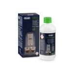 DeLonghi EcoDecalk 500 ml (DLSC500) – white bottle with green cap next to dark box with label and espresso image