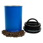 Airscape Stainless steel coffee canister 500 g matte blue (AS2907) – open blue metal canister with black lid and coffee beans in front