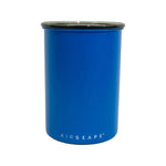Airscape Stainless steel coffee canister 500 g matte blue (AS2907) – cylindrical blue stainless canister with black lid and white logo