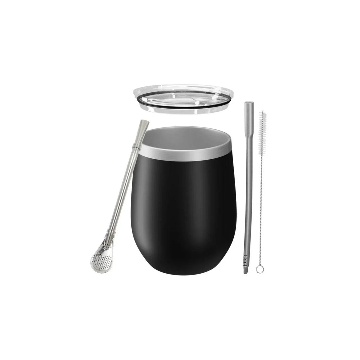 Aquafloow Black Yerba Maté thermocup 355 ml set with two straws and cleaner – black thermocup, transparent lid, metal