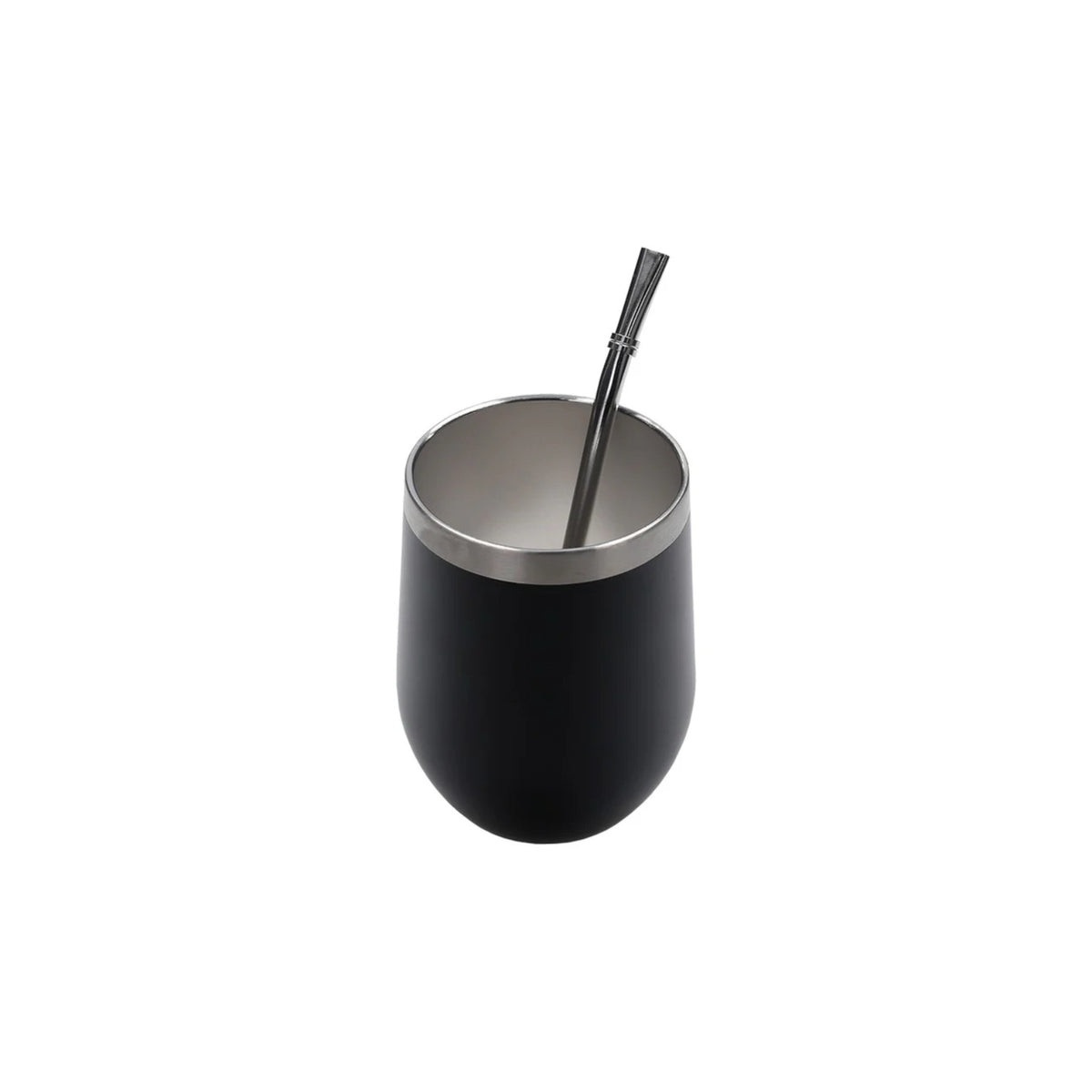 Aquafloow Black Yerba Maté thermocup 355 ml – black stainless cup with metal rim and metal straw shown from the front