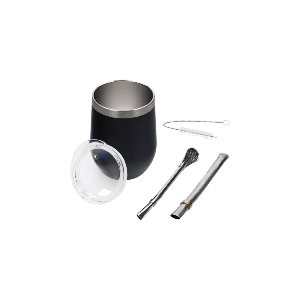 Aquafloow Black Yerba Maté thermocup 355 ml with silver interior, transparent lid, two metal straws and cleaning brush